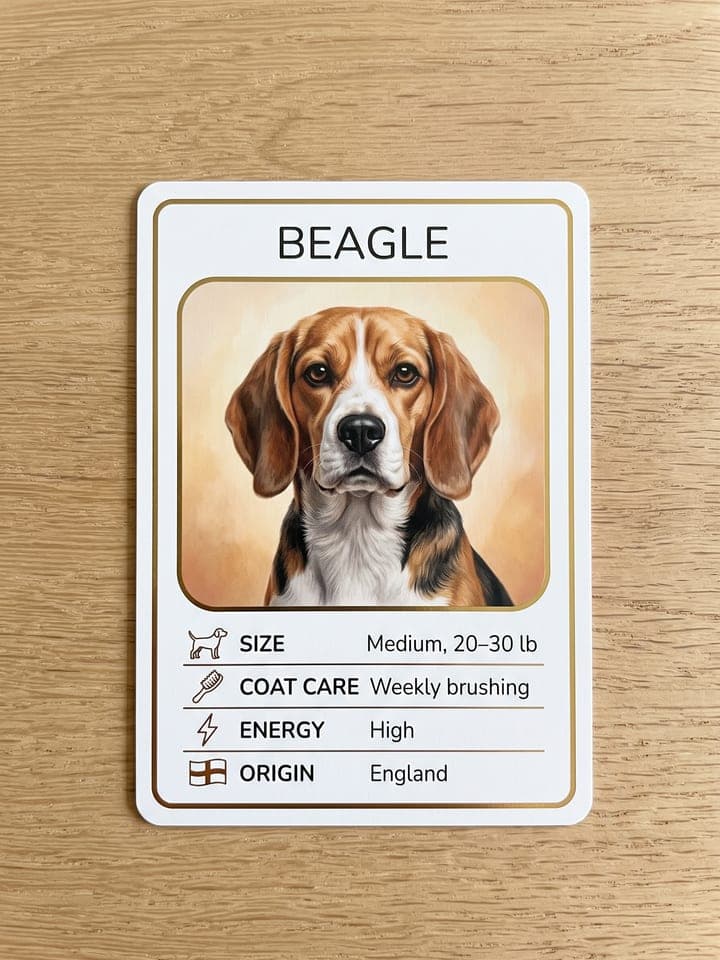 Collectible breed card of a beagle with a portrait, the breed name and four short trait rows