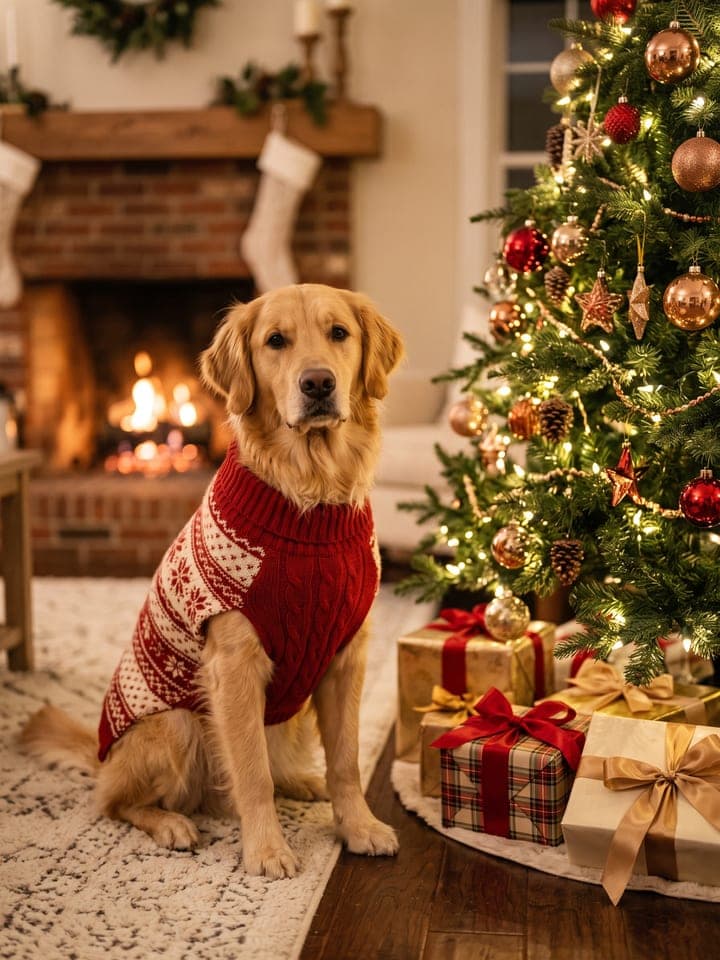 Golden retriever in a red knit sweater sitting by a lit Christmas tree with wrapped gifts
