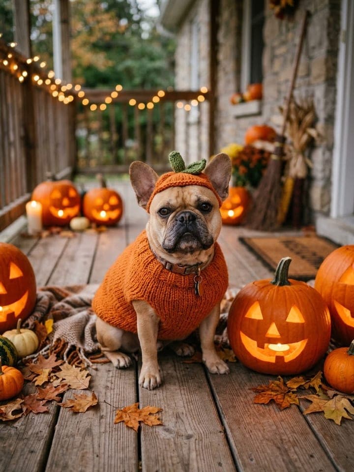 French bulldog in a knitted pumpkin costume sitting among glowing jack-o'-lanterns