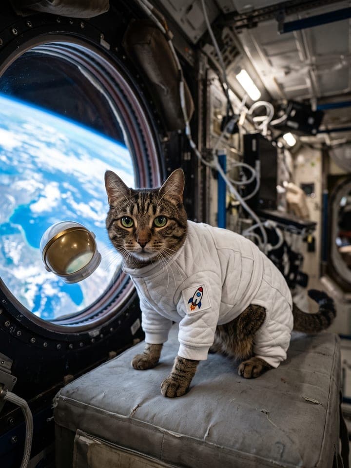 Tabby cat in a white astronaut suit with the helmet off, floating by a space station window with Earth behind