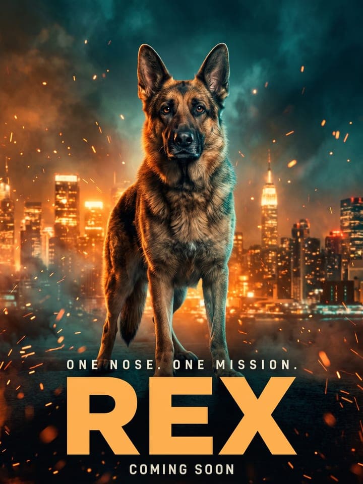Action movie poster of a German shepherd in front of an explosion-lit city, the title Rex in bold letters