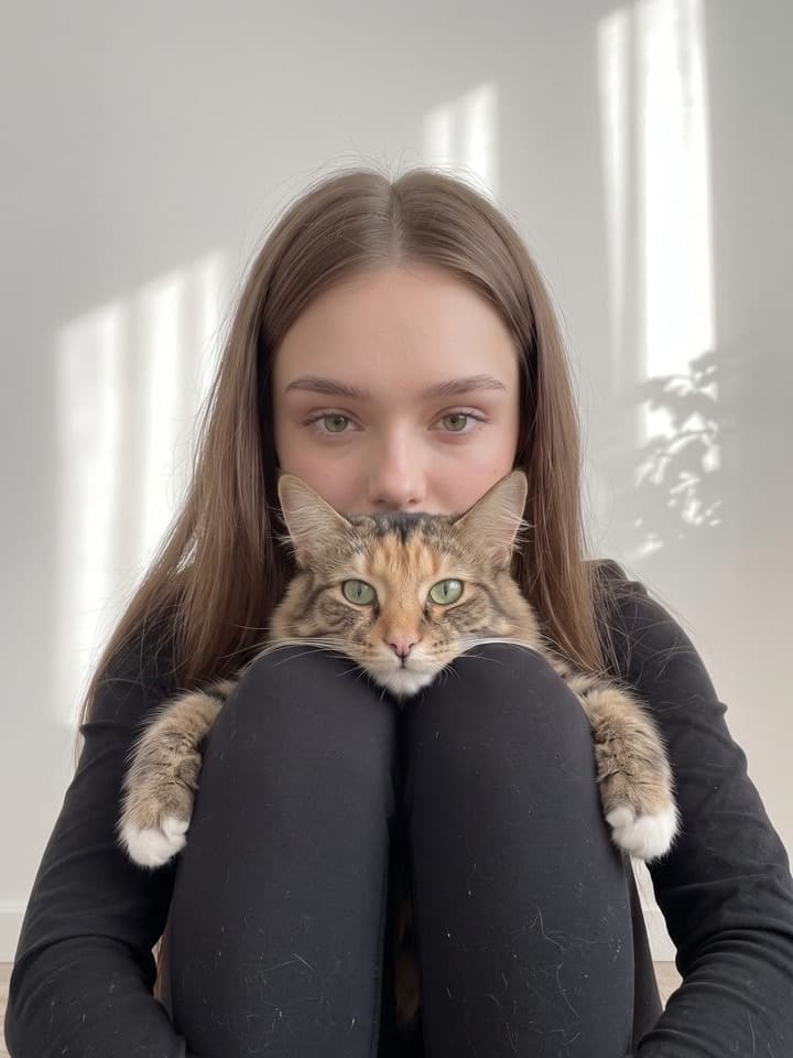 Eine getigerte Katze legt das Kinn auf die Knie einer jungen Frau, die Pfoten hängen drüber, darüber ihre Augen, dahinter eine weiße Wand
