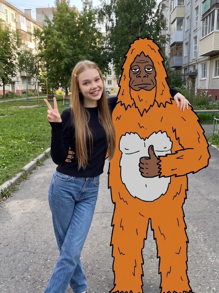 Foto con el teléfono de una mujer joven sonriente haciendo el signo de la paz junto a un sasquatch naranja de dibujos animados plano que levanta el pulgar