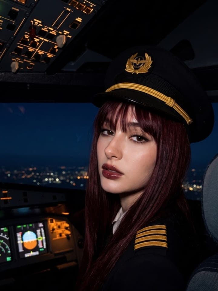 Woman with red hair in a pilot's cap and captain's jacket taking a dark selfie in a cockpit at night