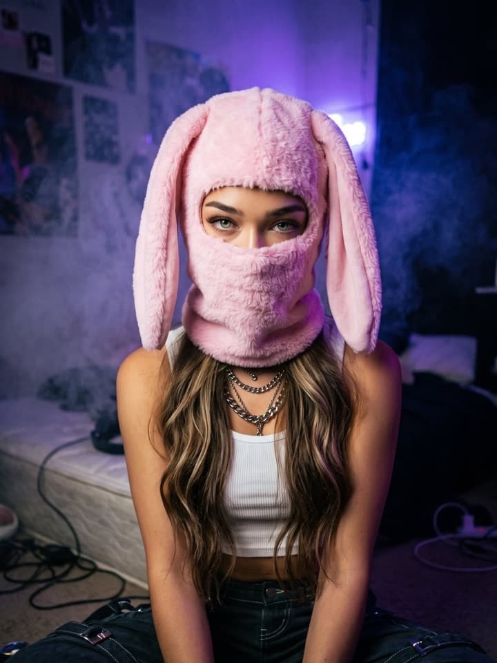 Junge Frau mit pinker Plüsch-Hasen-Sturmhaube, weißem Crop-Top und Cargohose sitzt auf dem Boden eines dunklen Zimmers mit lila Neonlicht