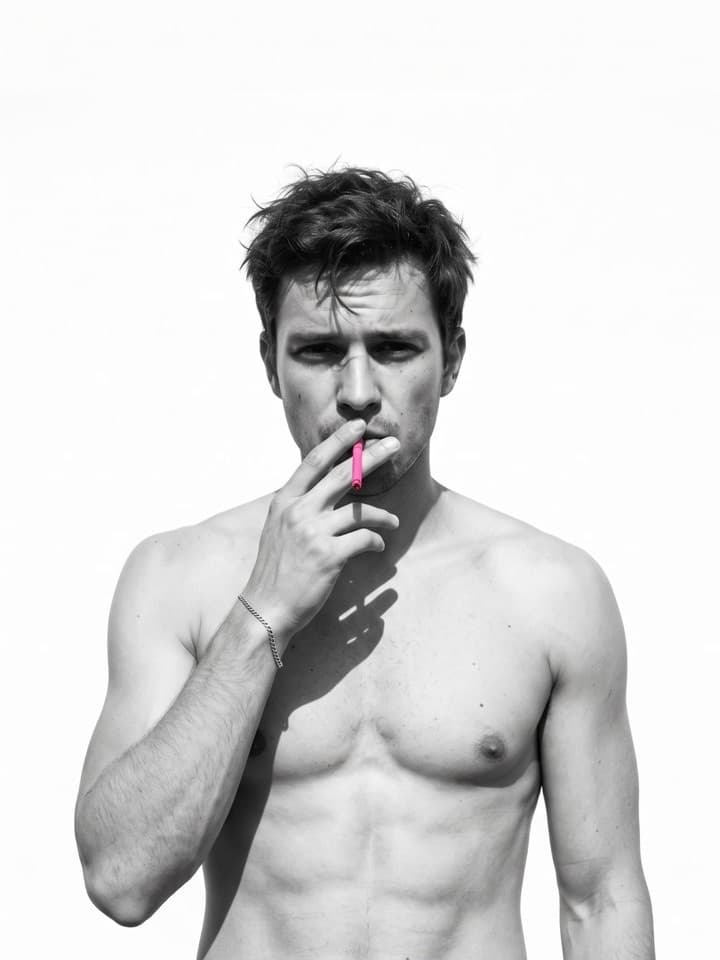 Schwarz-Weiß-Foto eines oberkörperfreien jungen Mannes mit zerzausten Haaren, der eine knallpinke Zigarette an die Lippen hält, vor Weiß