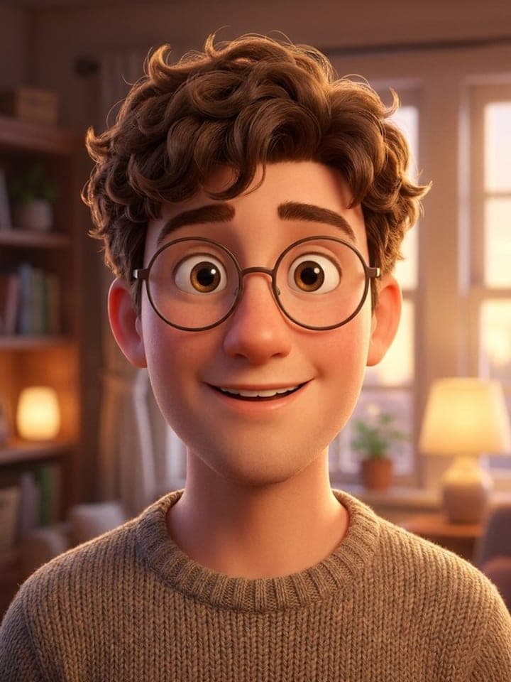 3D animated-film style portrait of a smiling young man with curly hair and round glasses