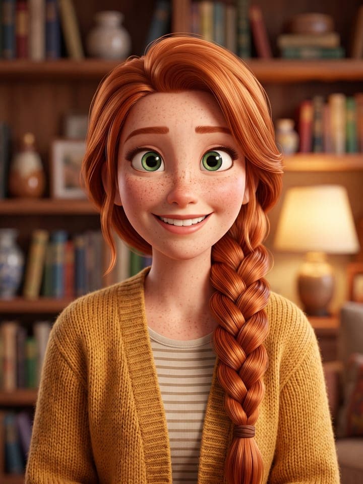 Porträt im 3D-Animationsfilm-Stil einer lächelnden jungen Frau mit langem rotem Zopf und senfgelber Strickjacke in einer gemütlichen Bibliothek