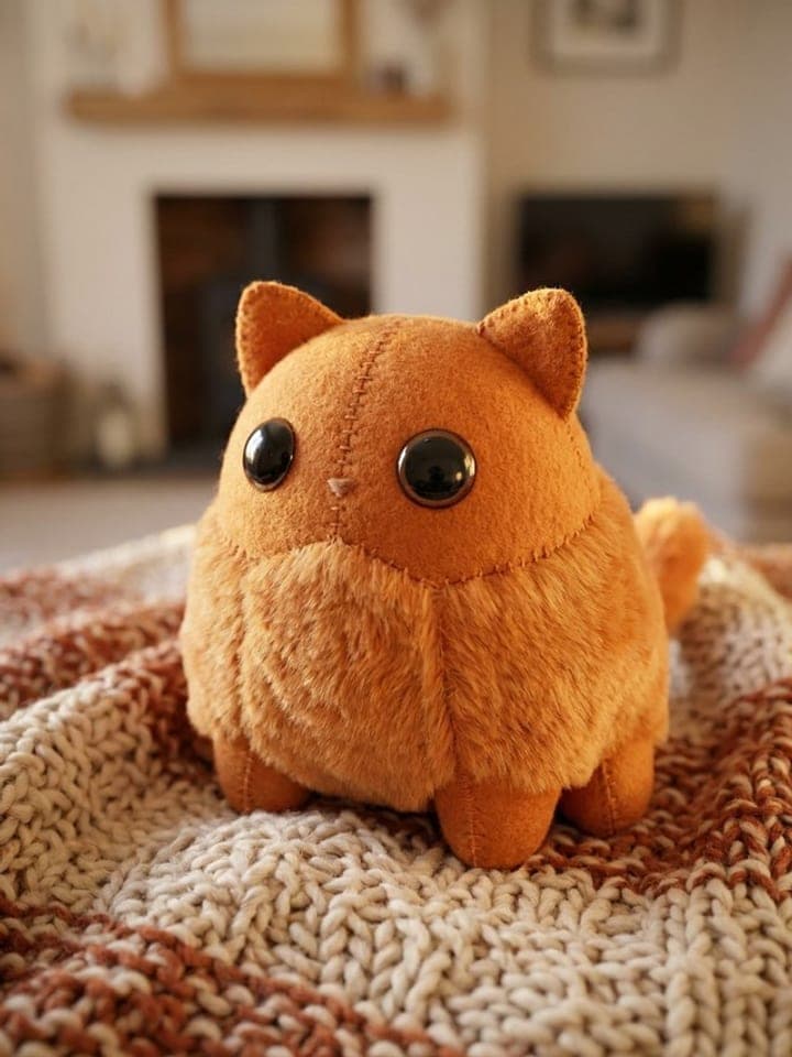 Chubby orange plush cat toy with shiny button eyes sitting on a knitted blanket