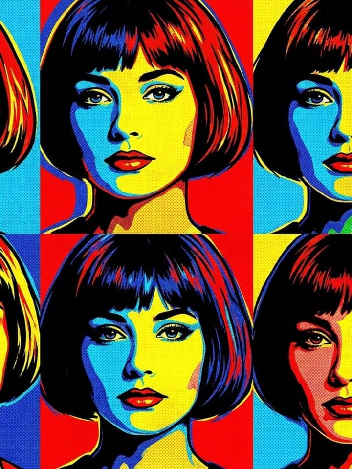 Warhol-style pop art grid of a woman with a black bob in bright red, yellow and blue panels