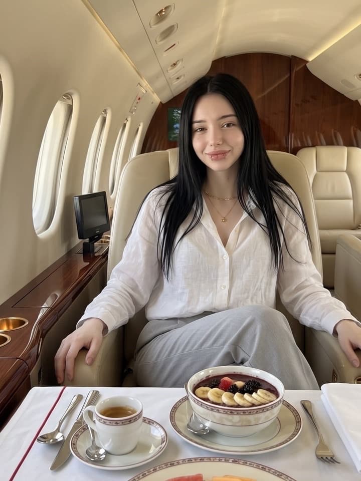 Junge Frau mit langen schwarzen Haaren lächelt in einem cremefarbenen Ledersitz in einem Privatjet, vor ihr ein Obstteller und eine Açaí-Bowl