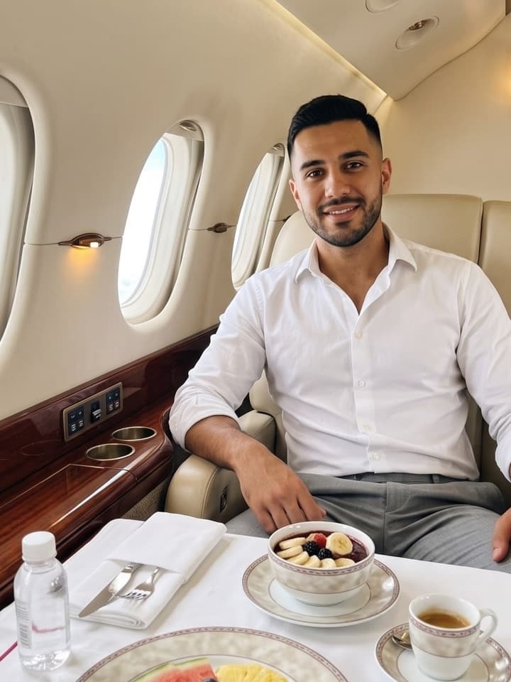 Hombre joven con barba y camisa blanca sonriendo en un asiento de cuero color crema de un jet privado, con un plato de fruta y un espresso delante