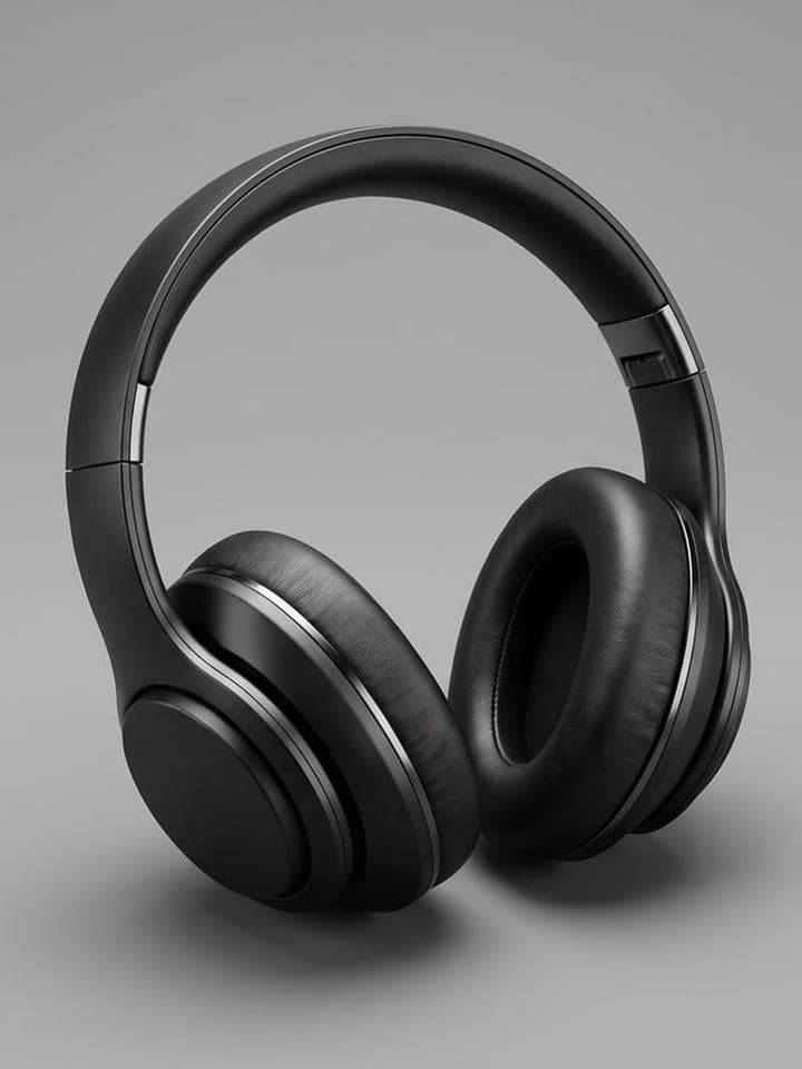 Black over-ear wireless headphones on a light grey studio background with a soft shadow