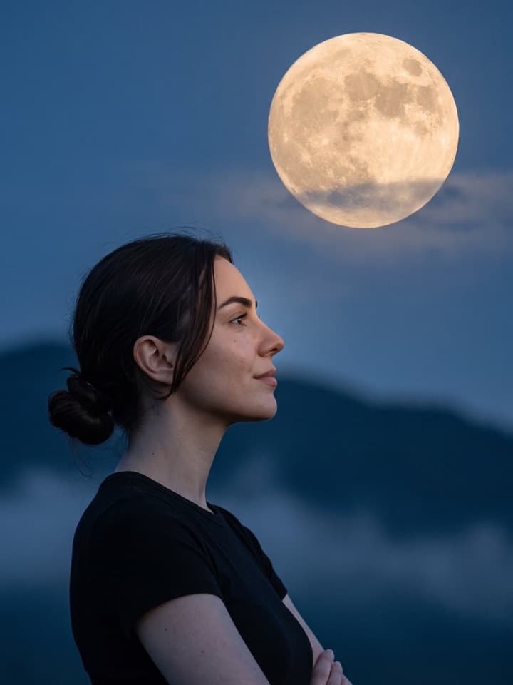 Perfil de una mujer joven con el pelo recogido en un moño bajo, mirando hacia una enorme luna llena dorada sobre montañas con niebla al anochecer