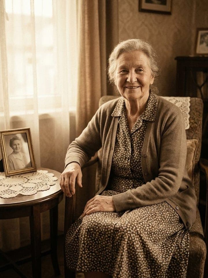 Restored color photo of an elderly woman in a patterned dress sitting by a sunny window