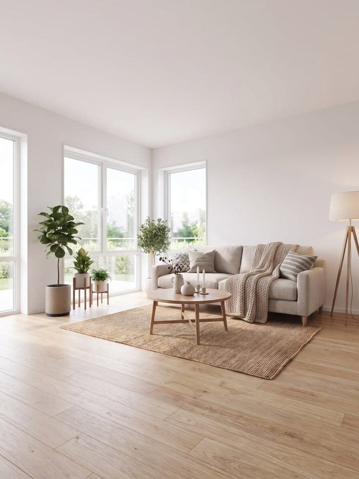 Bright renovated living room with light wood floors, a beige sofa, plants and big windows
