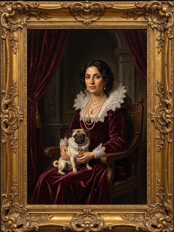 Oil portrait of a woman in a burgundy velvet gown holding a pug in a lace collar, in a gilded frame