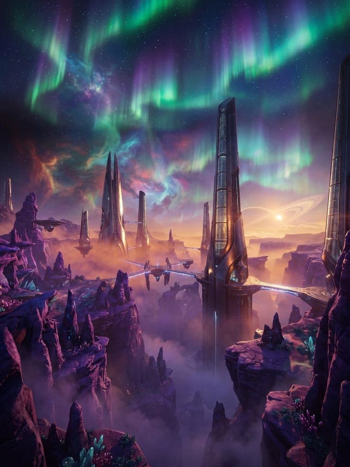 Alien landscape with tall futuristic spires under green and violet auroras