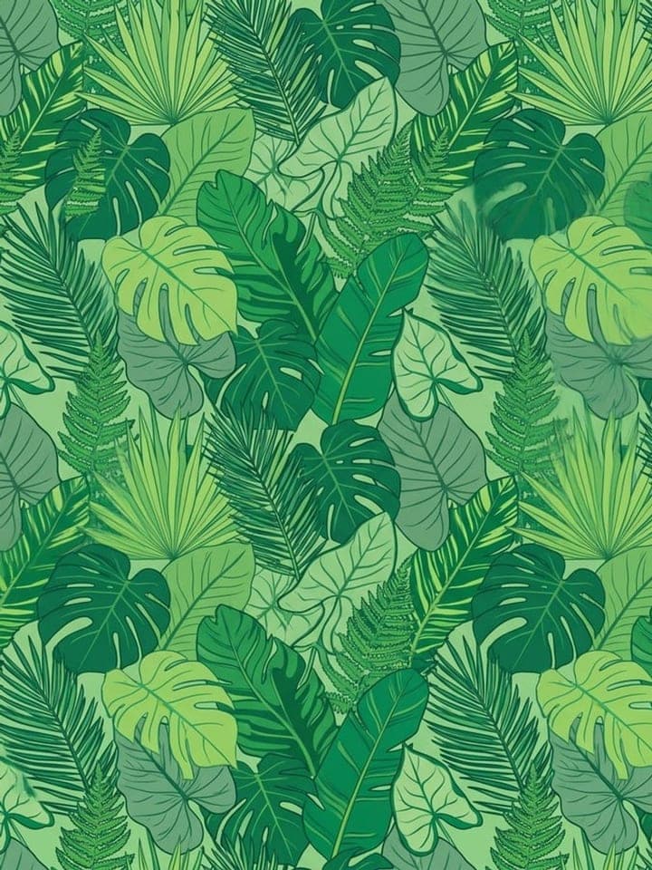 Seamless pattern of overlapping tropical monstera and palm leaves in shades of green