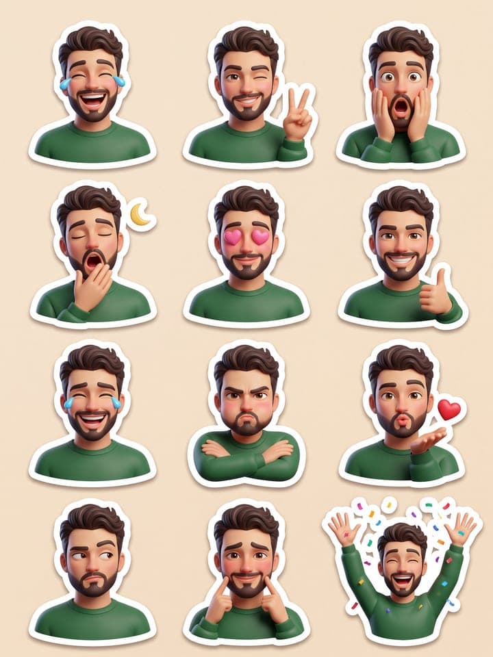 Hoja de doce stickers 3D brillantes y troquelados del mismo hombre con barba y el pelo oscuro y ondulado peinado hacia atrás, con una sudadera verde bosque sobre un fondo color arena cálido, cada uno con una reacción distinta: riendo, guiñando un ojo con el signo de la paz, sorprendido, bostezando, con ojos de corazón, con el pulgar arriba, de mal humor, lanzando un beso y celebrando