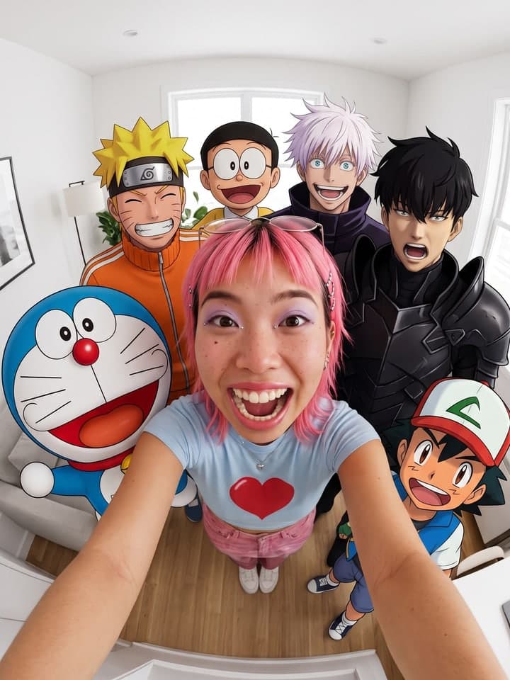 Mujer de pelo rosa y pecas riendo en una selfie con ojo de pez tomada desde arriba en una sala de estar blanca, con el brazo estirado hacia el objetivo, y Doraemon, Nobita, Naruto, Satoru Gojo, Sung Jin-woo y Ash de Pokémon apiñados detrás de ella, todos poniendo caras graciosas