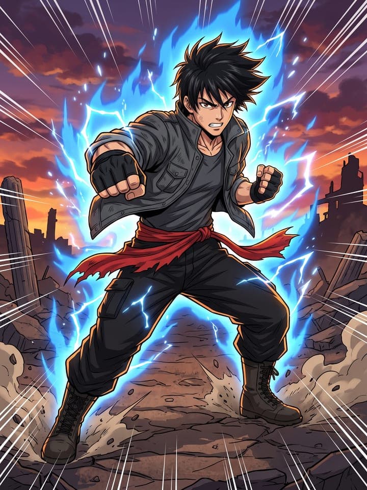 Anime illustration of a young man with spiky black hair in a fighting stance, surrounded by a blue power aura