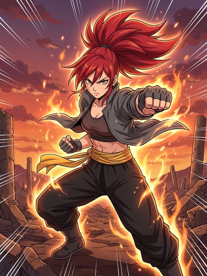 Anime illustration of a young woman with a red ponytail in a fighting stance, surrounded by an orange power aura