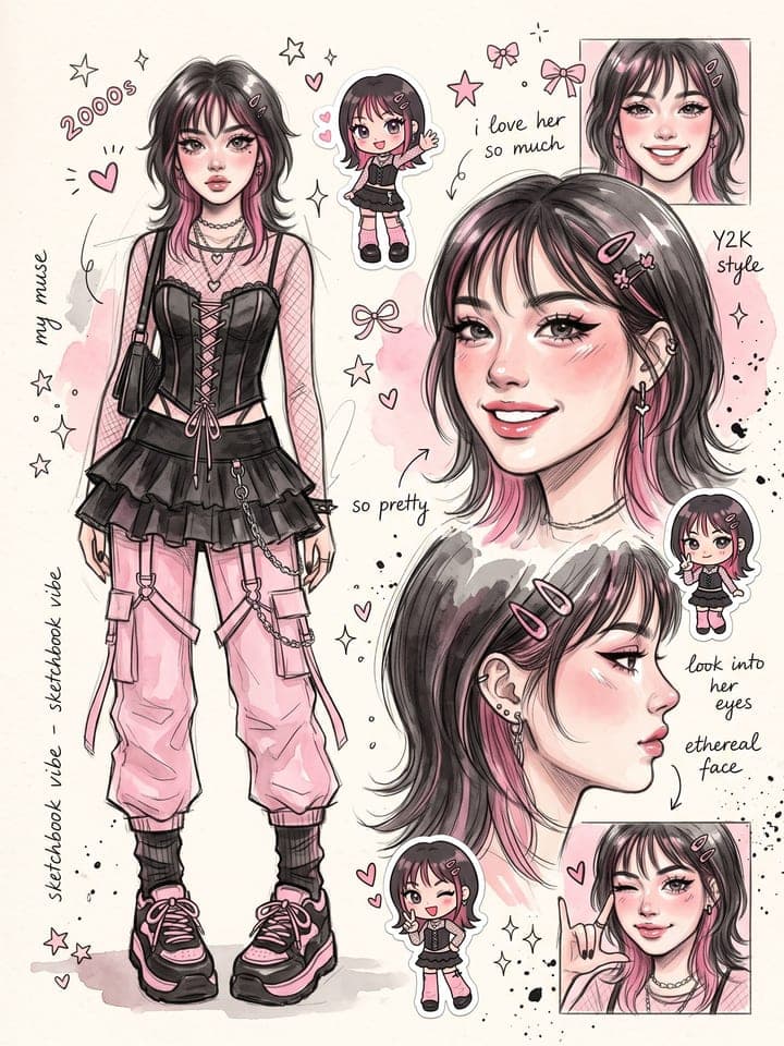 Sketchbook page of fashion drawings of a girl in black and pink with chibi stickers and captions
