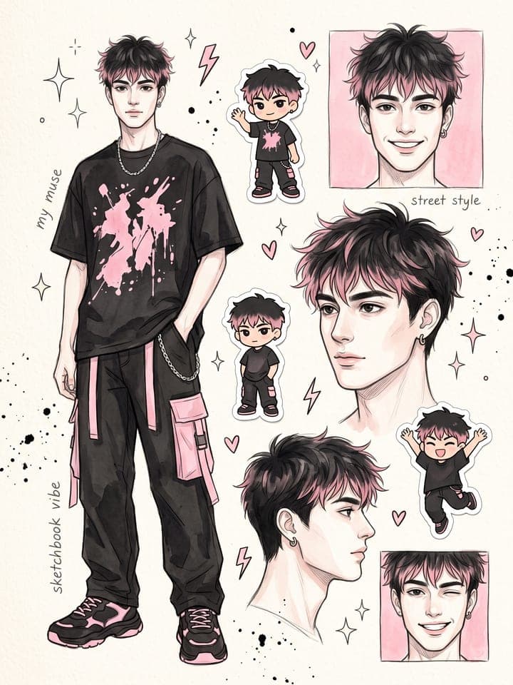 Skizzenbuchseite mit Modezeichnungen eines jungen Mannes in schwarz-rosa Streetwear mit Chibi-Stickern und Beschriftungen