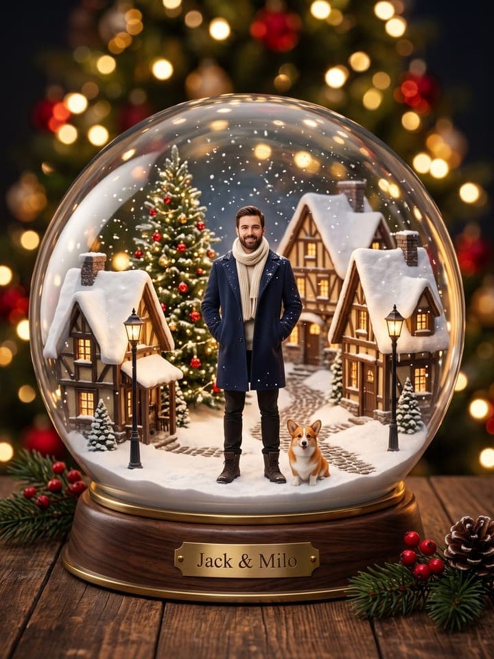 Bola de nieve de cristal luminosa sobre una base de nogal con una placa de latón que dice Jack & Milo: un hombre diminuto y realista con un abrigo de lana azul marino y una bufanda color crema, con su corgi, en un pueblo navideño nevado en miniatura