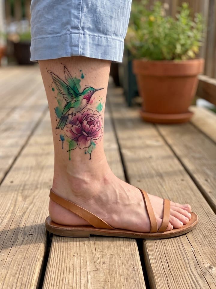 El tobillo de una mujer con una sandalia de cuero tostado sobre una tarima de madera, con un tatuaje cicatrizado estilo acuarela de un colibrí verde y una peonía rosa con suaves salpicaduras de color