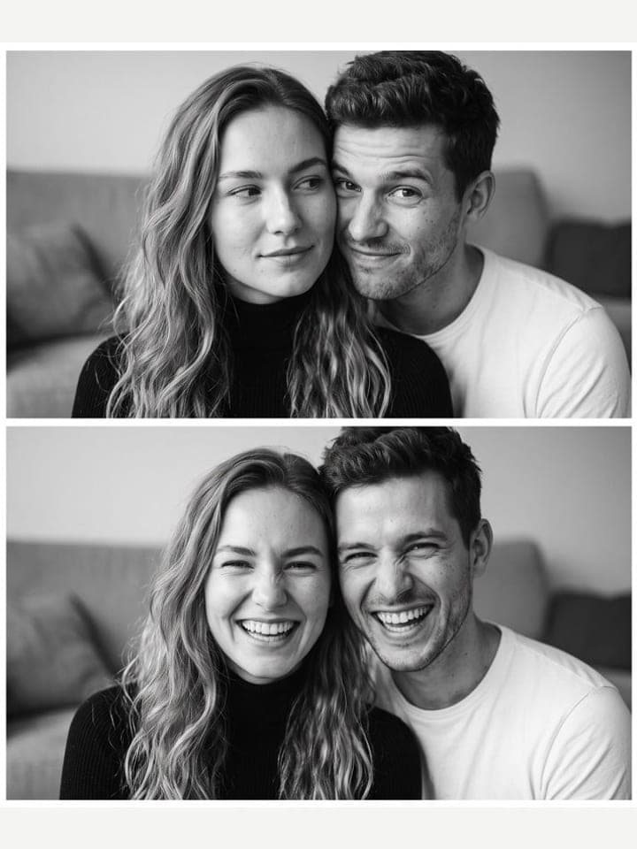 Black-and-white film strip of three frames of a couple: close, laughing, and a kiss on the temple