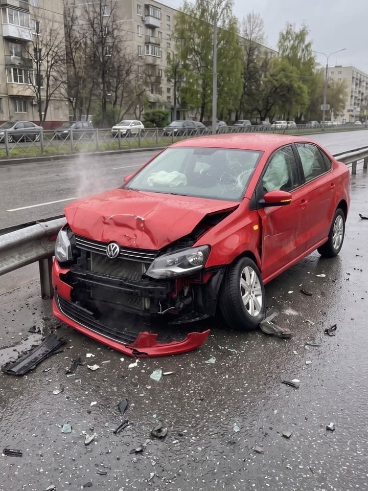 Roter Kompaktwagen mit zerknautschter Front, gesprungener Windschutzscheibe und Stoßstange auf der Straße nach dem Aufprall auf eine Leitplanke auf einer nassen Stadtstraße