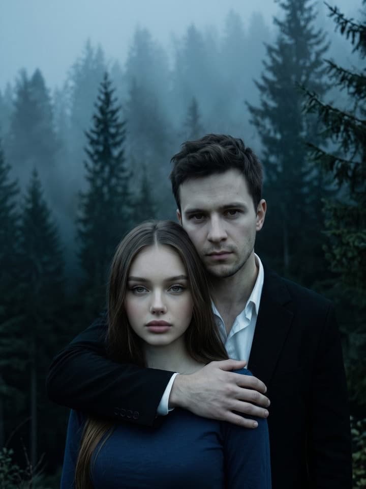 Düsteres Foto im Posterstil eines jungen Paares in einem nebligen Kiefernwald, der Mann hinter der Frau, den Arm über ihre Schultern gelegt