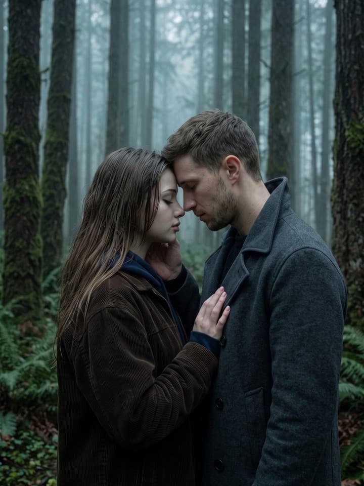 Foto wie ein Filmstill: ein junges Paar Stirn an Stirn mit geschlossenen Augen in einem nebligen, moosbewachsenen Kiefernwald