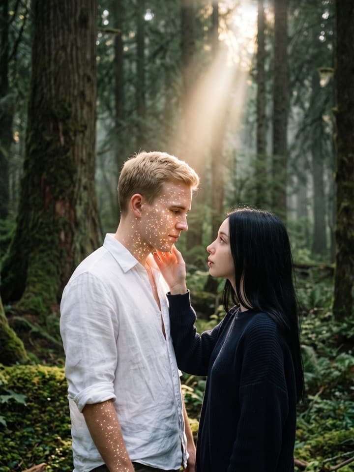Foto wie ein Filmstill: Eine junge Frau berührt die funkelnde Wange eines jungen Mannes, der in einem nebligen Wald in einem Sonnenstrahl steht
