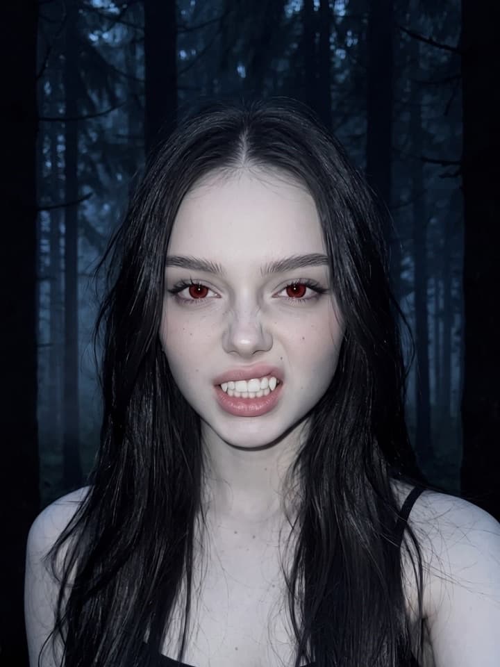 Nachtselfie einer blassen jungen Frau mit langen dunklen Haaren, roten Augen und Vampirzähnen in einem nebligen Fichtenwald