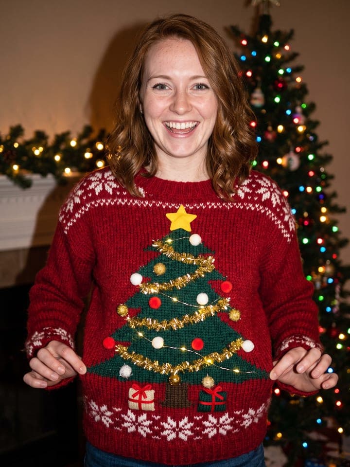 Frau mit welligen kastanienroten Haaren lacht auf einer Weihnachtsfeier in einem roten Strickpulli mit einem lamettageschmückten Weihnachtsbaum und winzigen leuchtenden Lichtern
