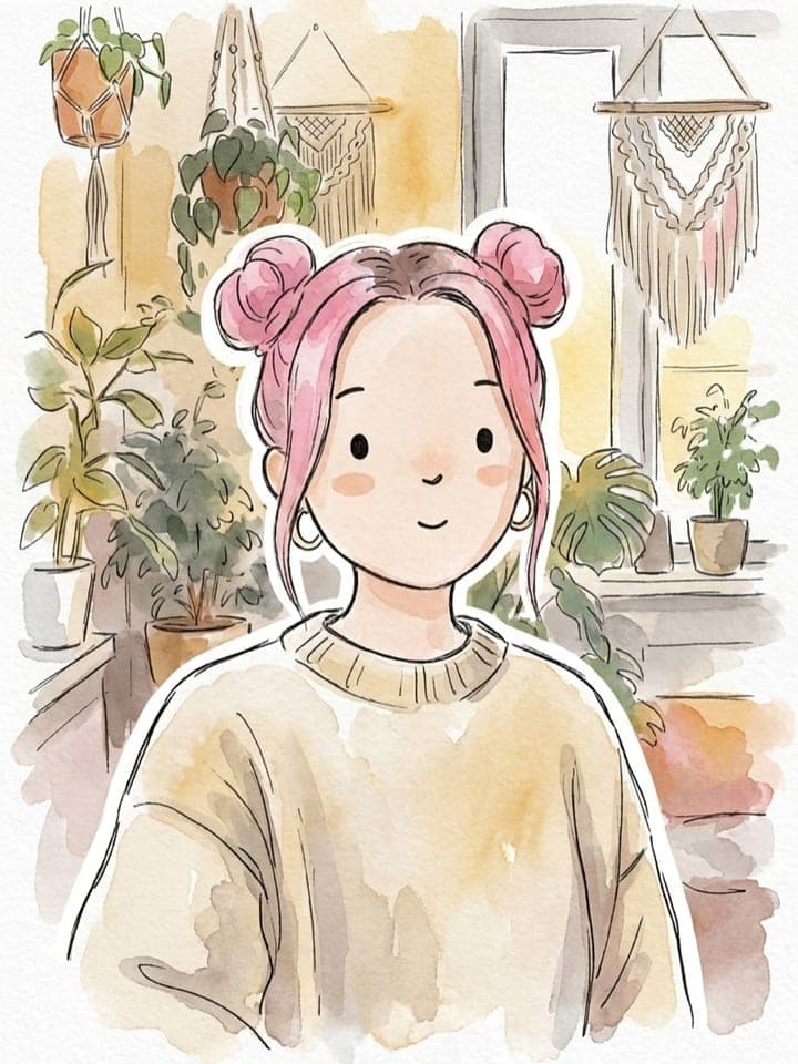 Watercolor doodle of a girl with pink space buns and a cream sweater in a room full of plants