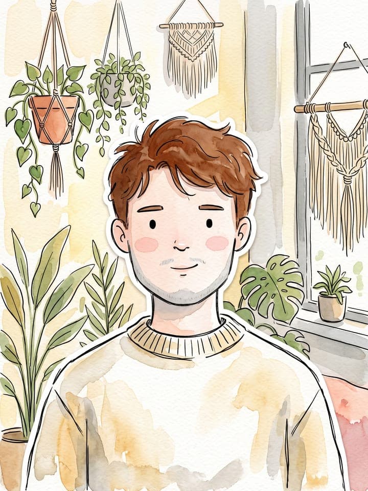 Dibujito en acuarela de un chico con el pelo castaño despeinado y un suéter color crema en una habitación llena de plantas