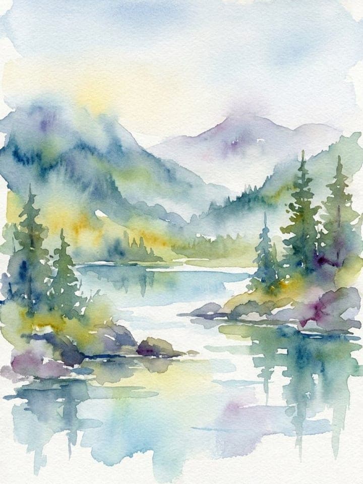 Soft watercolor painting of a misty mountain lake with pine trees and reflections