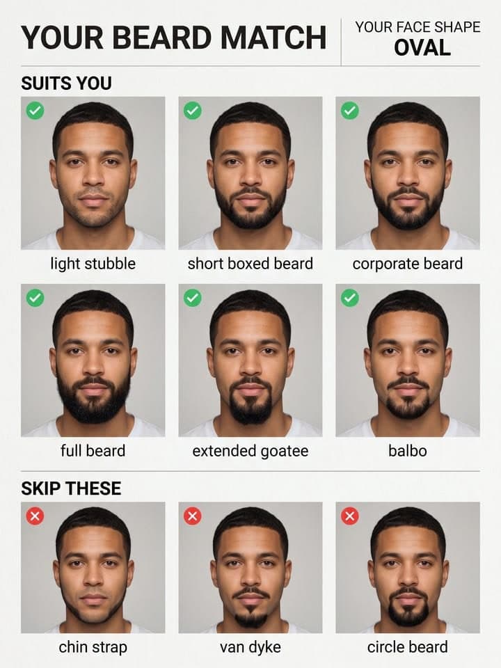 Barbershop poster of the same man with six different beard styles and three to skip