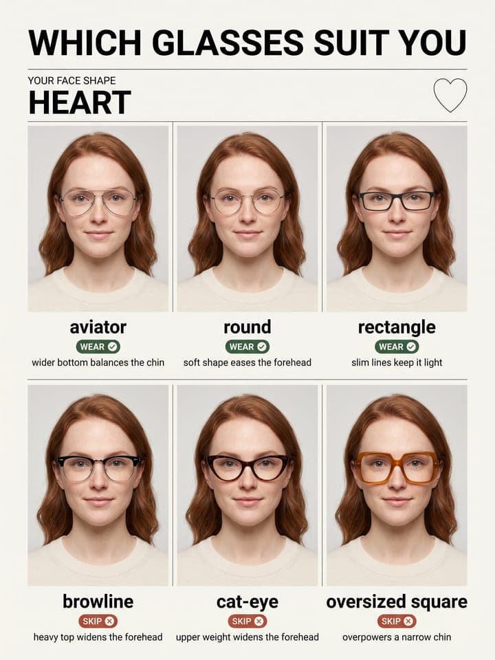 Póster WHICH GLASSES SUIT YOU, forma de cara HEART: la misma mujer pelirroja con seis monturas de gafas distintas; las cat eye y las browline, marcadas como skip, y las de aviador y las redondas, como wear