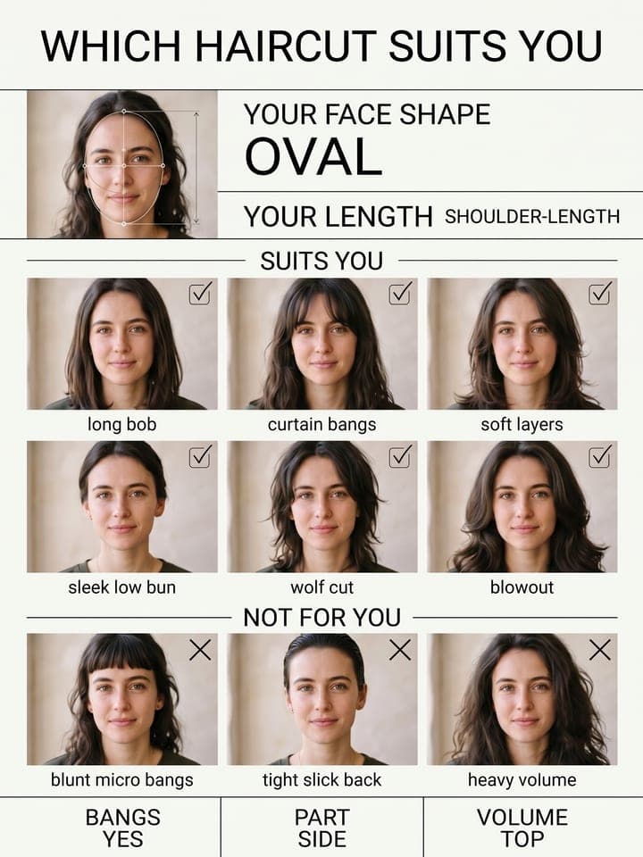 Salon poster WHICH HAIRCUT SUITS YOU with six flattering haircuts and three to skip on the same face