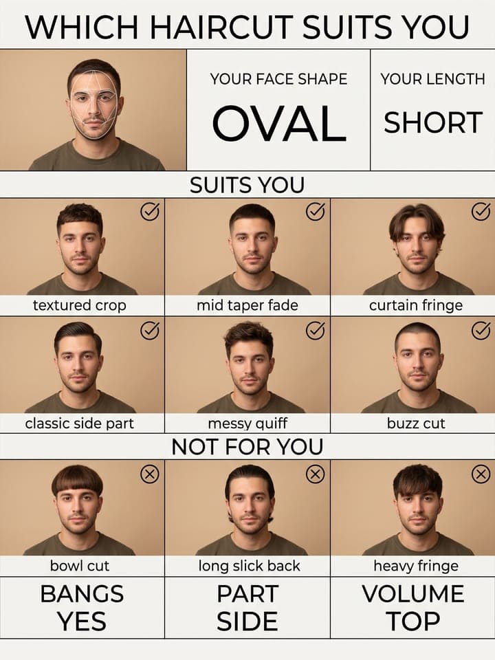 Friseur-Poster WHICH HAIRCUT SUITS YOU für einen Mann: ovales Gesicht, sechs Herrenfrisuren, die ihm stehen, und drei, die er lieber lässt, alle am selben Gesicht