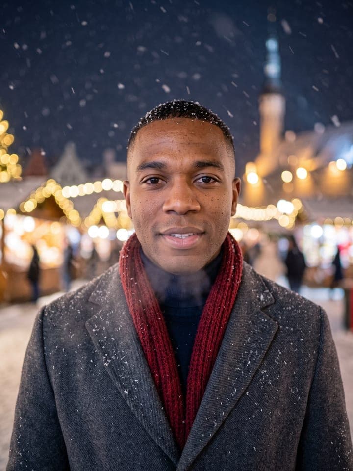 Retrato invernal en primer plano de un hombre sonriente con el pelo muy corto, un abrigo de lana gris carbón y una bufanda de punto color arándano, con nieve en el pelo y nieve abundante cayendo de noche sobre un mercado navideño difuminado con guirnaldas de luces cálidas