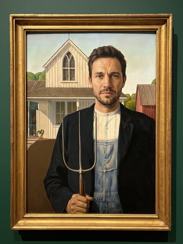 Gótico americano repintado como retrato individual de un hombre con barba incipiente, chaqueta oscura y pantalón de peto denim, sosteniendo una horca delante de la granja blanca con la ventana gótica, en un marco dorado sobre la pared verde de un museo