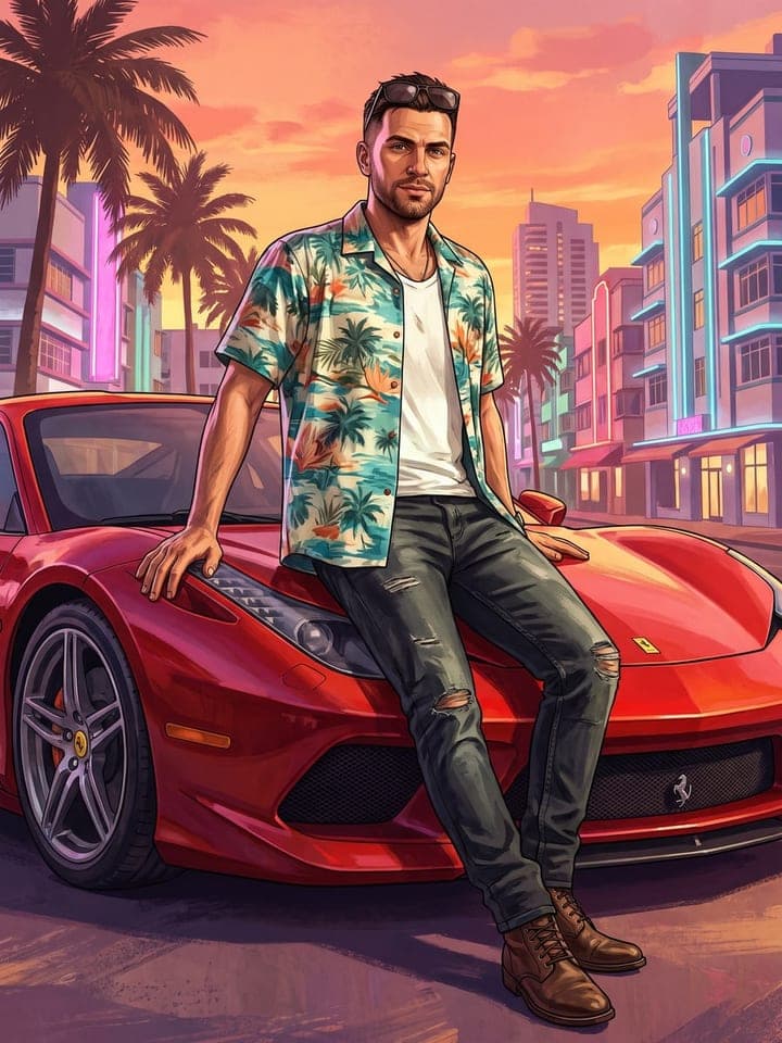 GTA-style illustration of a man in a tropical shirt sitting on a red sports car on a Miami street at sunset