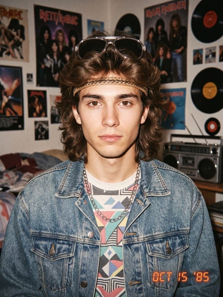 Young man with an 80s mullet, headband and denim jacket in a poster-covered room, date stamp OCT 15 '85