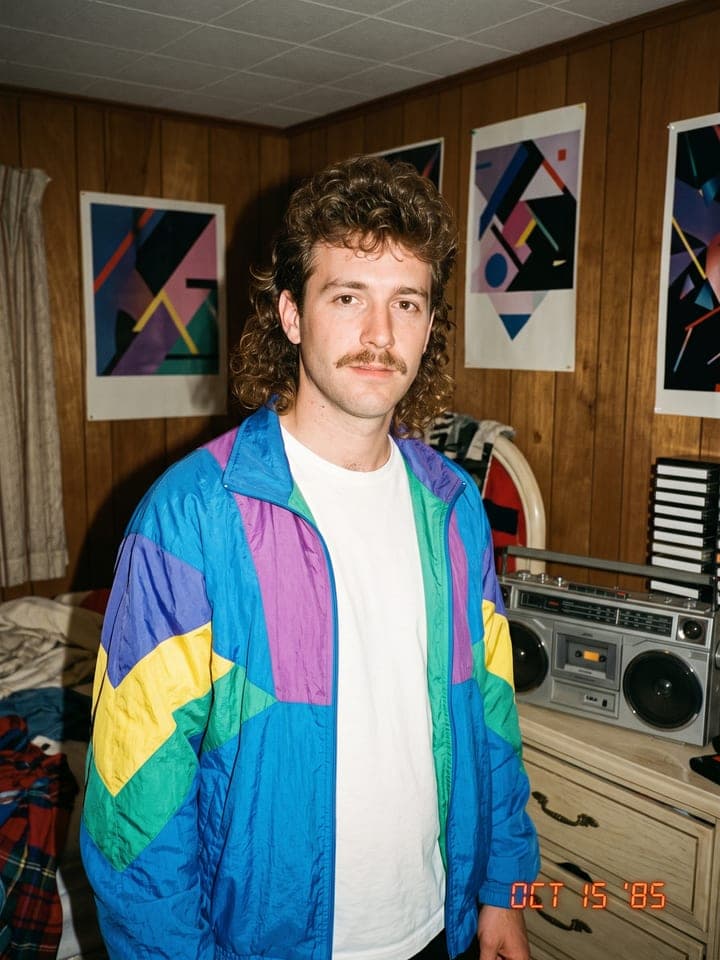 Hombre joven con un mullet rizado ochentero y bigote, con un cortavientos de bloques de color, junto a un radiocasete en una habitación con paneles de madera, con la fecha OCT 15 '85